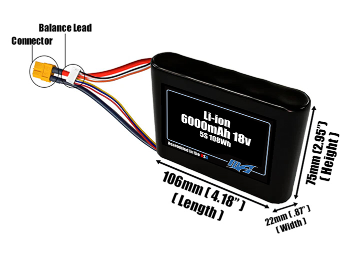 Size reference photo of the 6000mAh 18V Li-ion pack showing 106 mm by 22 mm by 75 mm dimensions ideal for drones or small robotic systems where space matters.