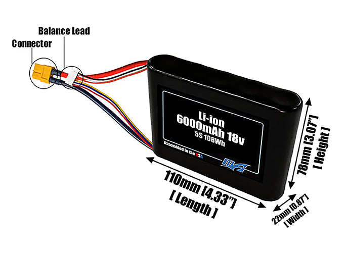 Size reference photo of the 6000mAh 18V Li-ion pack showing 110 mm by 22 mm by 78 mm dimensions ideal for drones or small robotic systems where space matters.