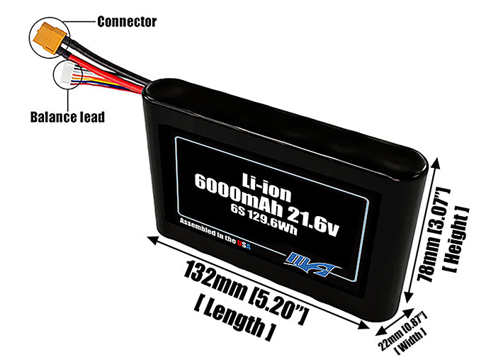 Size reference photo of the 6000mAh 21.6V Li-ion pack showing 132 mm by 22 mm by 78 mm dimensions ideal for drones or small robotic systems where space matters.