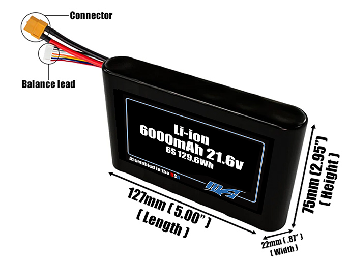 Size reference photo of the 6000mAh 21.6V Li-ion pack showing 127 mm by 22 mm by 75 mm dimensions ideal for drones or small robotic systems where space matters.