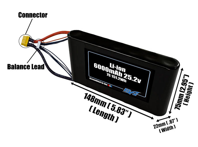 Size reference photo of the 6000mAh 25.2V Li-ion pack showing 148 mm by 22 mm by 75 mm dimensions ideal for drones or small robotic systems where space matters.