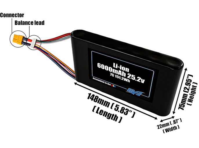 Size reference photo of the 6000mAh 25.2V Li-ion pack showing 148 mm by 22 mm by 75 mm dimensions ideal for drones or small robotic systems where space matters.