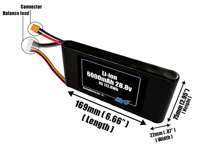 Size reference photo of the 6000mAh 28.8V Li-ion pack showing 169 mm by 22 mm by 75 mm dimensions ideal for drones or small robotic systems where space matters.