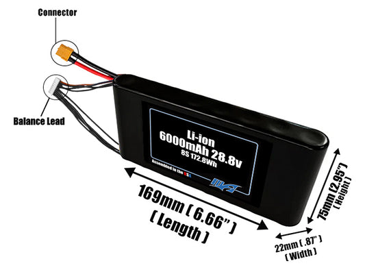 Size reference photo of the 5000mAh 28.8V Li-ion pack showing 169 mm by 22 mm by 75 mm dimensions ideal for drones or small robotic systems where space matters.