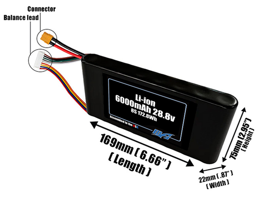 Size reference photo of the 6000mAh 28.8V Li-ion pack showing 169 mm by 22 mm by 75 mm dimensions ideal for drones or small robotic systems where space matters.