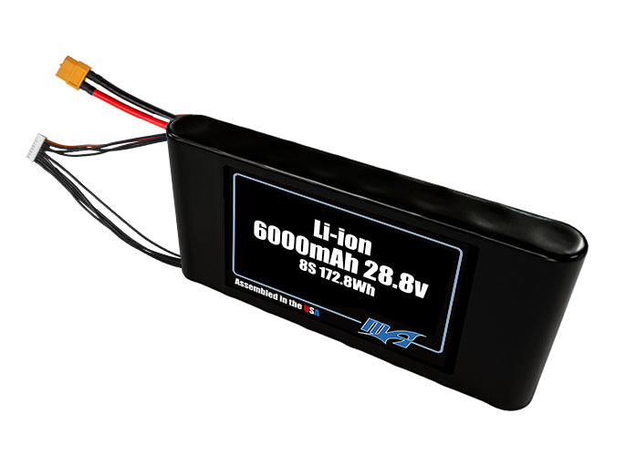 Compact 28.8-volt 6000mAh lithium-ion battery, built for lightweight drone, UAV, and robotics projects.