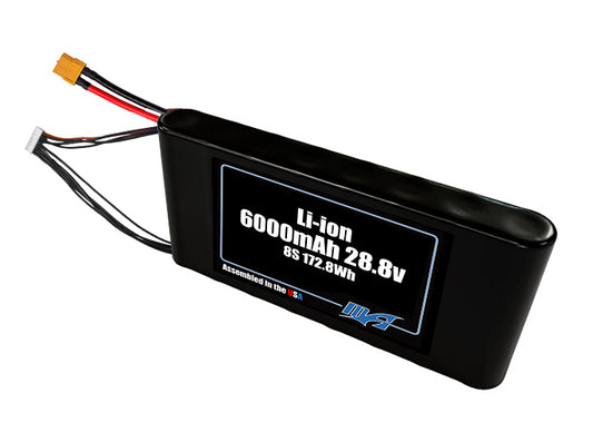 Compact 28.8-volt 6000mAh lithium-ion battery, built for lightweight drone, UAV, and robotics projects.