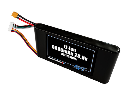 Compact 28.8-volt 6000mAh lithium-ion battery, built for lightweight drone, UAV, and robotics projects.