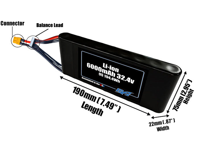 Size reference photo of the 6000mAh 32.4V Li-ion pack showing 190 mm by 22 mm by 75 mm dimensions ideal for drones or small robotic systems where space matters.