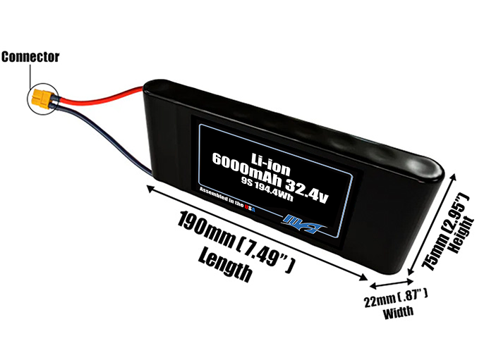 Size reference photo of the 6000mAh 32.4V Li-ion pack showing 109 mm by 22 mm by 75 mm dimensions ideal for drones or small robotic systems where space matters.