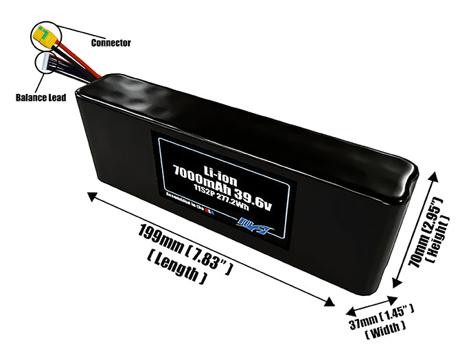 Size reference photo of the 7000mAh 39.6V Li-ion pack showing 199 mm by 37 mm by 70 mm dimensions ideal for drones or small robotic systems where space matters.