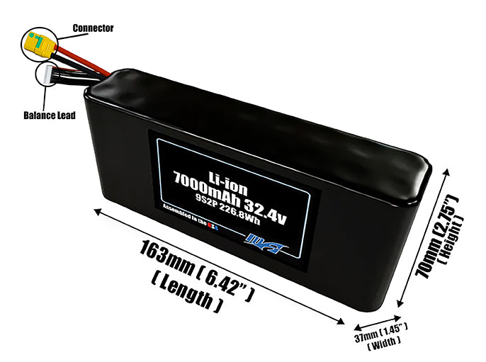 Size reference photo of the 7000mAh 32.4V Li-ion pack showing 163 mm by 37 mm by 70 mm dimensions ideal for drones or small robotic systems where space matters.