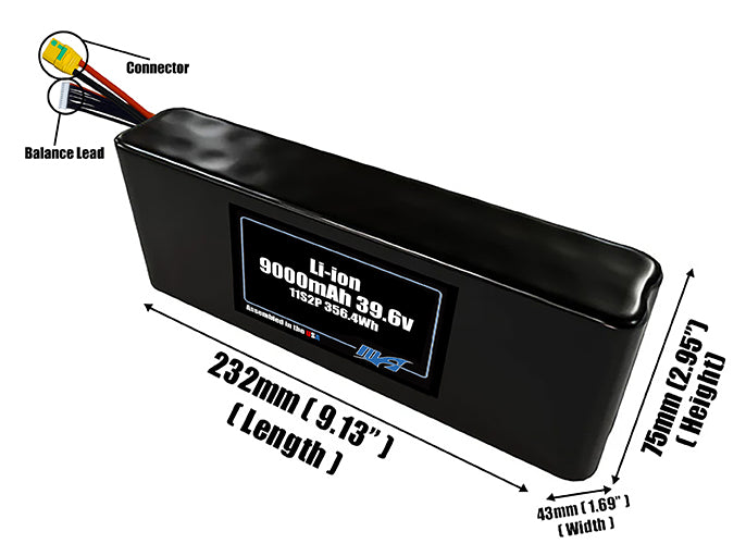 Size reference photo of the 9000mAh 39.6V Li-ion pack showing 232 mm by 43 mm by 75 mm dimensions ideal for drones or small robotic systems where space matters.