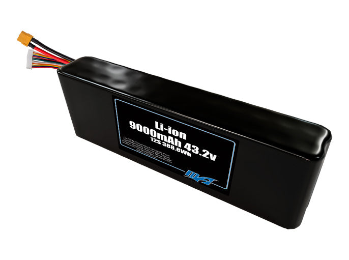 Compact 43.2-volt 9000mAh lithium-ion battery, built for lightweight drone, UAV, and robotics projects.
