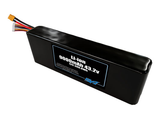 Compact 43.2-volt 9000mAh lithium-ion battery, built for lightweight drone, UAV, and robotics projects.