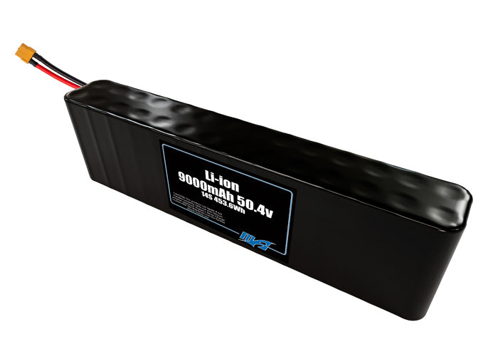 Compact 50.4-volt 9000mAh lithium-ion battery, built for lightweight drone, UAV, and robotics projects.