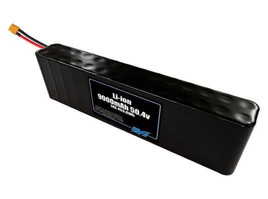 Compact 50.4-volt 9000mAh lithium-ion battery, built for lightweight drone, UAV, and robotics projects.