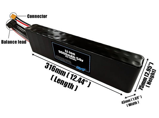 Size reference photo of the 9000mAh 54V Li-ion pack showing 316 mm by 43 mm by 75 mm dimensions ideal for drones or small robotic systems where space matters.