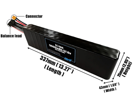 Size reference photo of the 9000mAh 57.6V Li-ion pack showing 337 mm by 43 mm by 75 mm dimensions ideal for drones or small robotic systems where space matters.