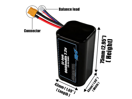 Size reference photo of the 9000mAh 7.2V Li-ion pack showing 43 mm by 43 mm by 75 mm dimensions ideal for drones or small robotic systems where space matters.