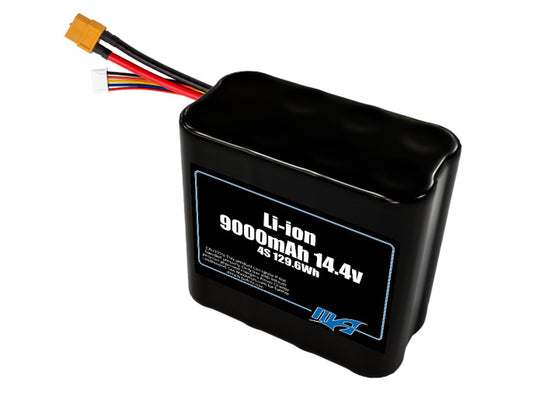 Compact 14.4-volt 9000mAh lithium-ion battery, built for lightweight drone, UAV, and robotics projects.
