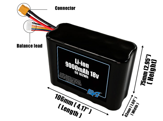 Size reference photo of the 9000mAh 18V Li-ion pack showing 106 mm by 43 mm by 75 mm dimensions ideal for drones or small robotic systems where space matters.