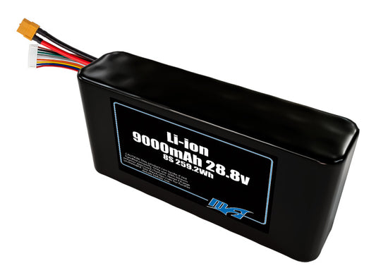 Compact 28.8-volt 9000mAh lithium-ion battery, built for lightweight drone, UAV, and robotics projects.