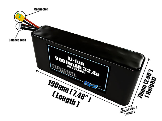 Size reference photo of the 9000mAh 32.4V Li-ion pack showing 190 mm by 43 mm by 75 mm dimensions ideal for drones or small robotic systems where space matters.