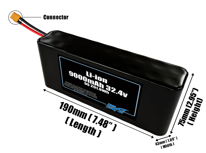 Size reference photo of the 9000mAh 32.4V Li-ion pack showing 190 mm by 43 mm by 75 mm dimensions ideal for drones or small robotic systems where space matters.