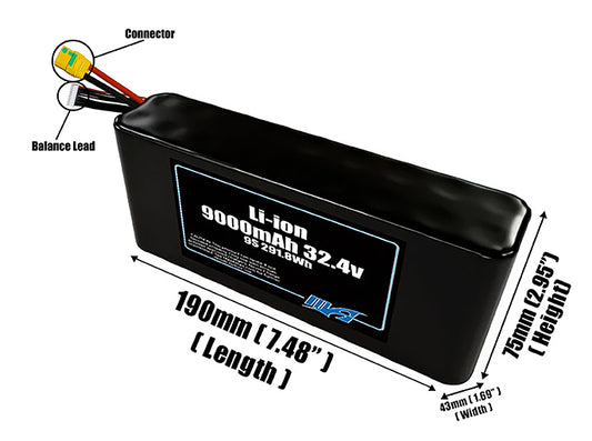 Size reference photo of the 9000mAh 32.4V Li-ion pack showing 190 mm by 43 mm by 75 mm dimensions ideal for drones or small robotic systems where space matters.
