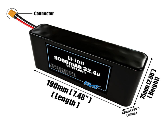 Size reference photo of the 9000mAh 32.4V Li-ion pack showing 190 mm by 43 mm by 75 mm dimensions ideal for drones or small robotic systems where space matters.
