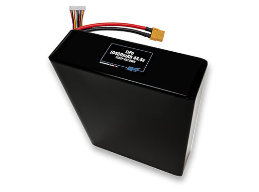 Compact 44.4-volt 10400mAh lithium-polymer battery, built for lightweight drone, UAV, and robotics projects.