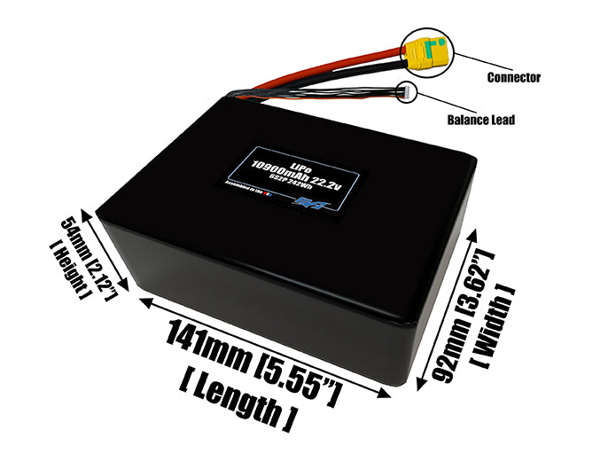 Size reference photo of the 10900mAh 22.2v LiPo pack showing 141mm by 92mm by 54mm dimensions ideal for drones or large robotic systems where space matters.