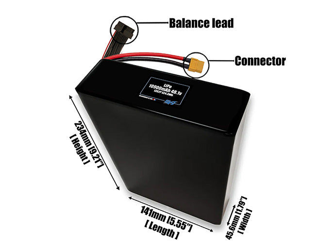 Size reference photo of the 10900mAh 48.1V LiPo pack showing 141 mm by 45.6 mm by 234 mm dimensions ideal for drones or large robotic systems where space matters.