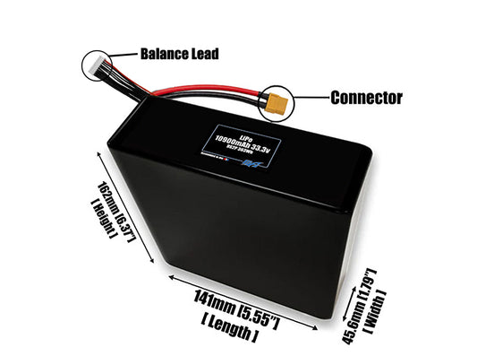 Size reference photo of the 10900mAh 33.3V LiPo pack showing 141 mm by 45.6 mm by 162 mm dimensions ideal for drones or large robotic systems where space matters.