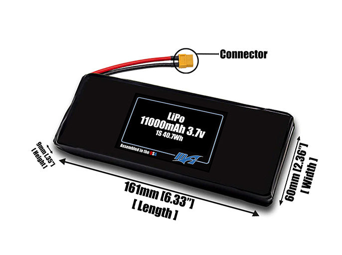 Size reference photo of the 11000mAh 3.7V LiPo pack showing 161 mm by 60 mm by 9 mm dimensions ideal for drones or large robotic systems where space matters.