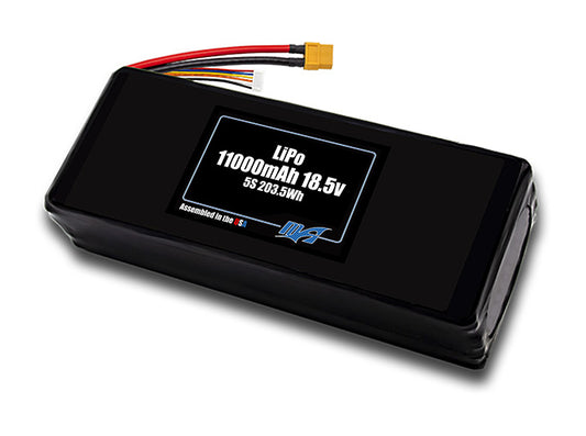 Compact 18.5-volt 11000mAh lithium-polymer battery, built for lightweight drone, UAV, and robotics projects.