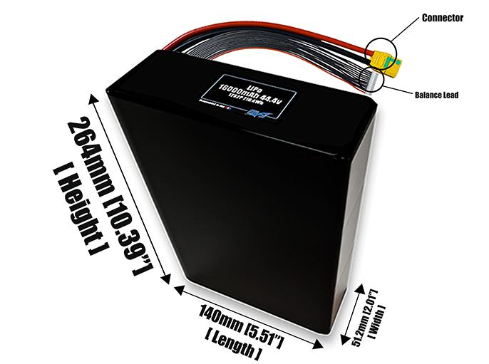 Size reference photo of the 16000mAh 44.4V LiPo pack showing 280 mm by 51.2 mm by 132 mm dimensions ideal for drones or large robotic systems where space matters.