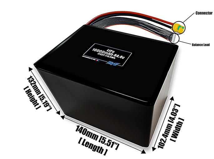 Size reference photo of the 16000mAh 44.4V LiPo pack showing 140 mm by 102.4 mm by 132 mm dimensions ideal for drones or large robotic systems where space matters.