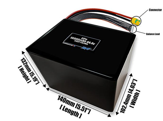 Size reference photo of the 16000mAh 44.4V LiPo pack showing 140 mm by 102.4 mm by 132 mm dimensions ideal for drones or large robotic systems where space matters.