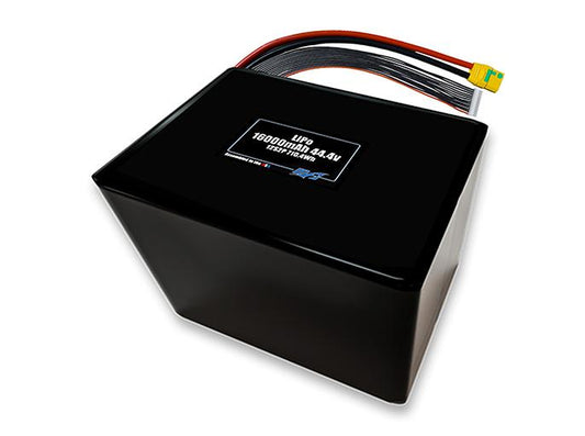 Compact 44.4-volt 16000mAh lithium-polymer battery, built for lightweight drone, UAV, and robotics projects.