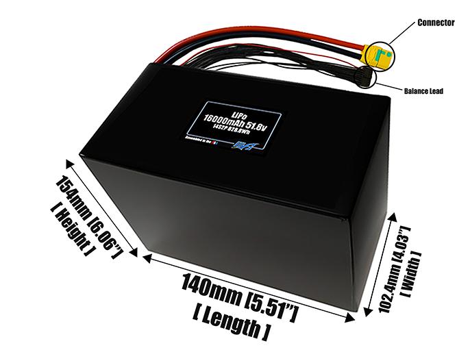 Size reference photo of the 16000mAh 51.8V LiPo pack showing 140 mm by 102.4 mm by 154 mm dimensions ideal for drones or large robotic systems where space matters.