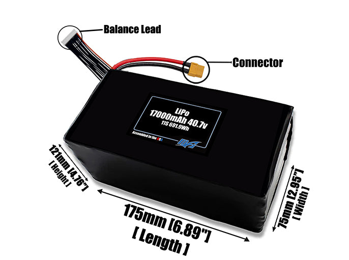Size reference photo of the 17000mAh 40.7V LiPo pack showing 175 mm by 75 mm by 121 mm dimensions ideal for drones or large robotic systems where space matters.
