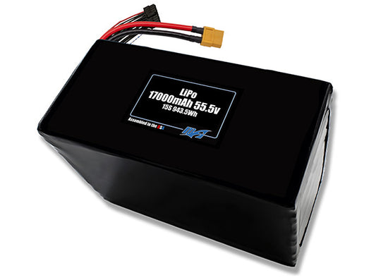 Compact 55.5-volt 17000mAh lithium-polymer battery, built for lightweight drone, UAV, and robotics projects.