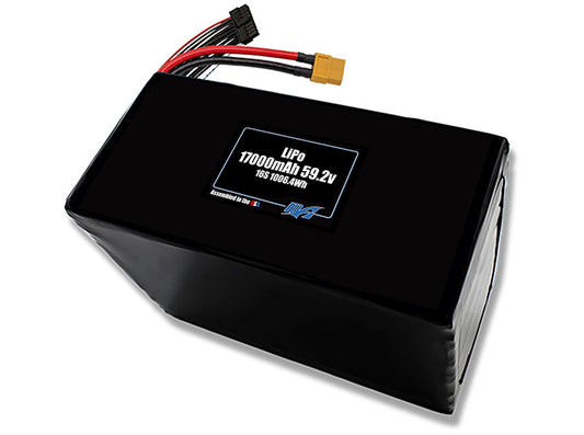 Compact 59.2-volt 17000mAh lithium-polymer battery, built for lightweight drone, UAV, and robotics projects.