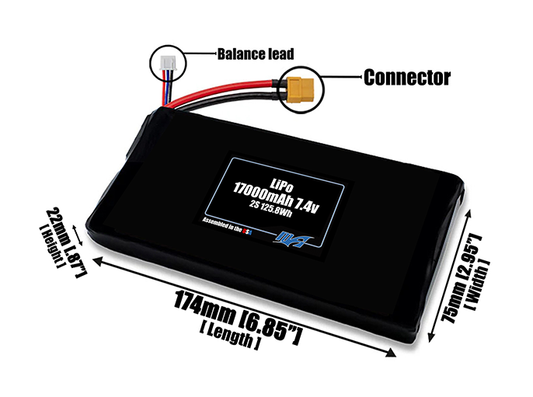 Size reference photo of the 17000mAh 7.4V LiPo pack showing 174 mm by 75 mm by 22 mm dimensions ideal for drones or large robotic systems where space matters.