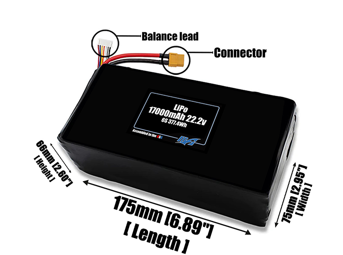 Size reference photo of the 17000mAh 22.2V lithium polymer pack showing 175 mm by 75 mm by 66 mm dimensions ideal for drones or large robotic systems where space matters.