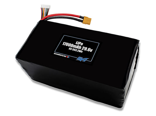 Compact 29.6-volt 17000mAh lithium-polymer battery, built for lightweight drone, UAV, and robotics projects.