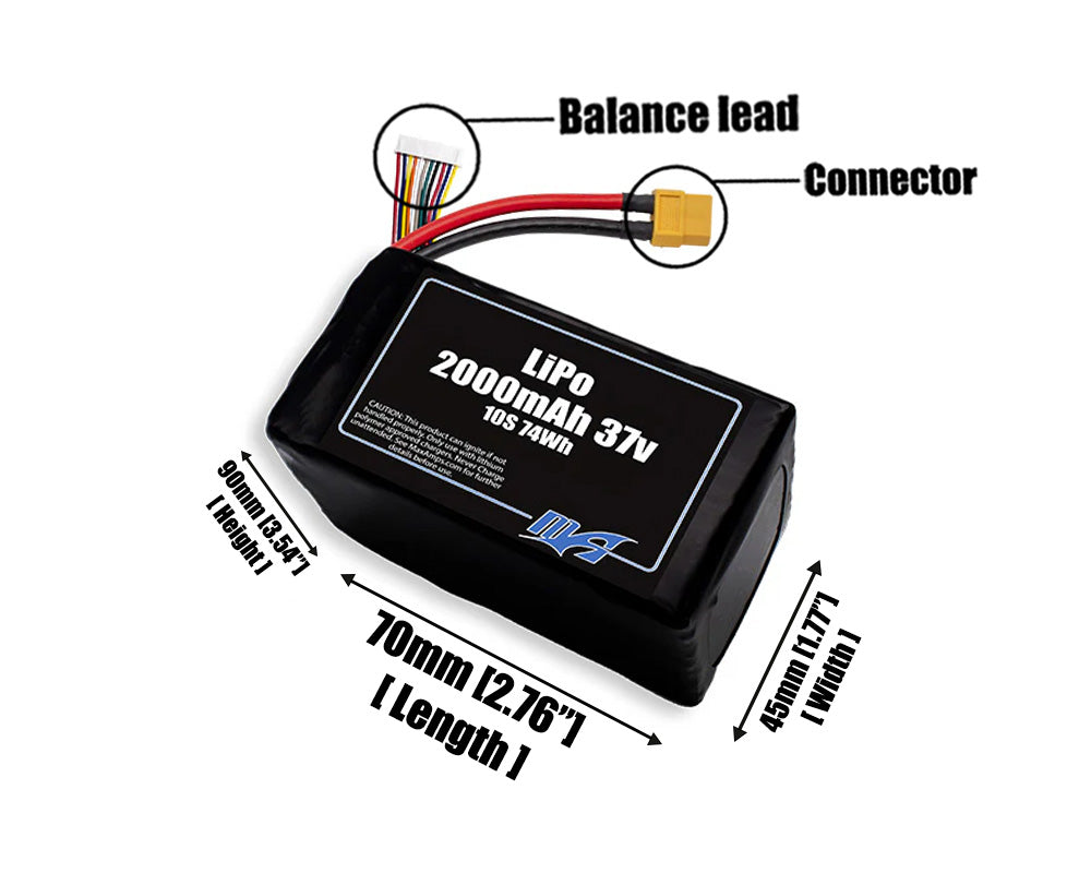 Size reference photo of the 2000mAh 37V LiPo pack showing 70 mm by 45 mm by 90 mm dimensions ideal for drones or robotic systems where space matters.