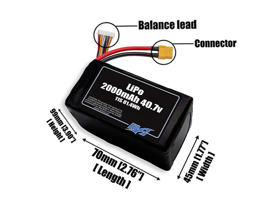 Size reference photo of the 2000mAh 40.7V LiPo pack showing 70 mm by 45 mm by 99 mm dimensions ideal for drones or robotic systems where space matters.